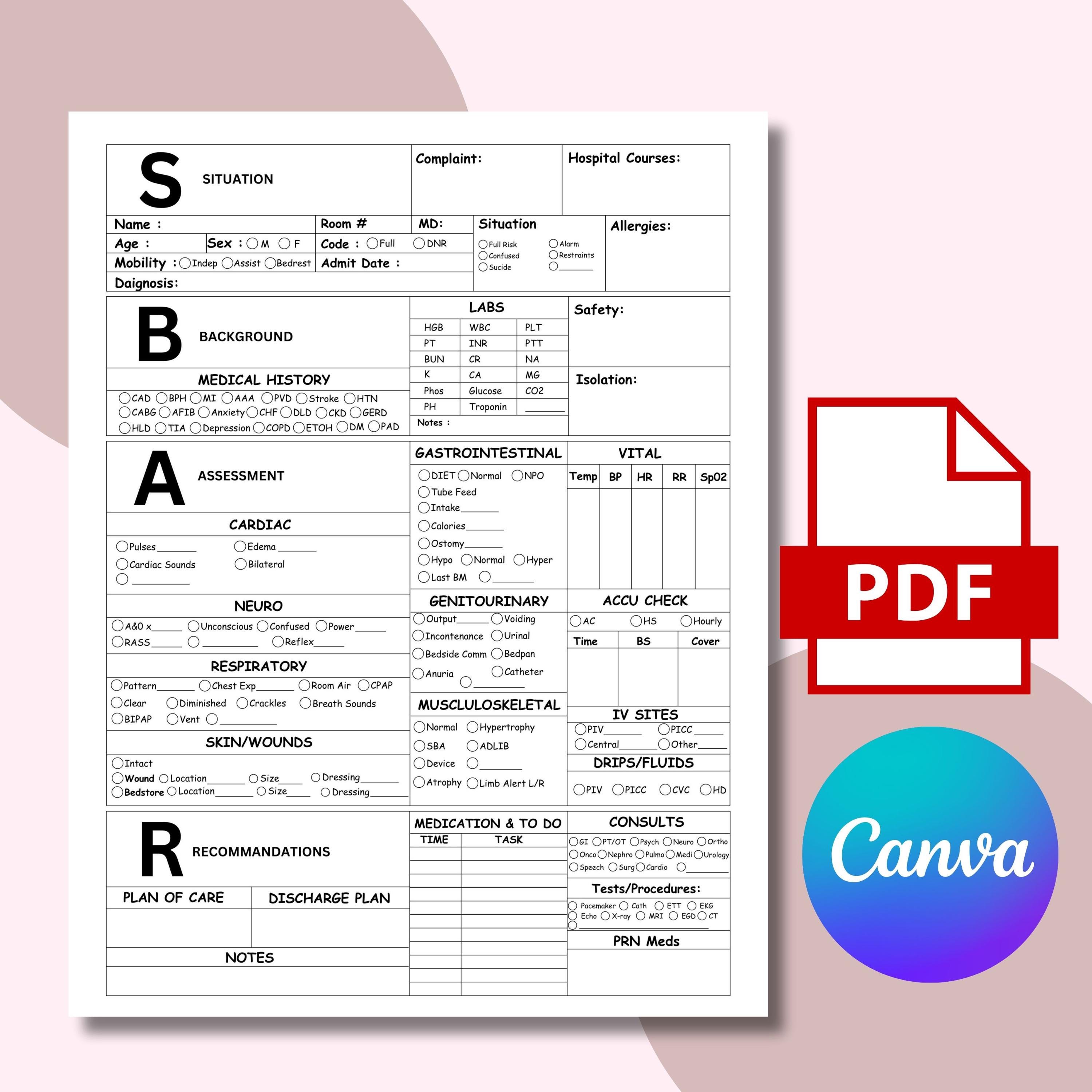 SBAR Nurse Report Sheet for Nursing Students | Med Surg Brain Sheet ...