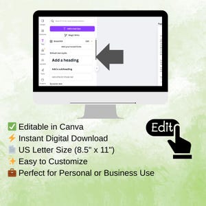 May include: A computer monitor displays a design interface with text options. The screen shows "Add a heading" and "Add a subheading." Below the screen are icons and text: "Editable in Canva," "Instant Digital Download," "US Letter Size (8.5" x 11")," and "Easy to Customize."