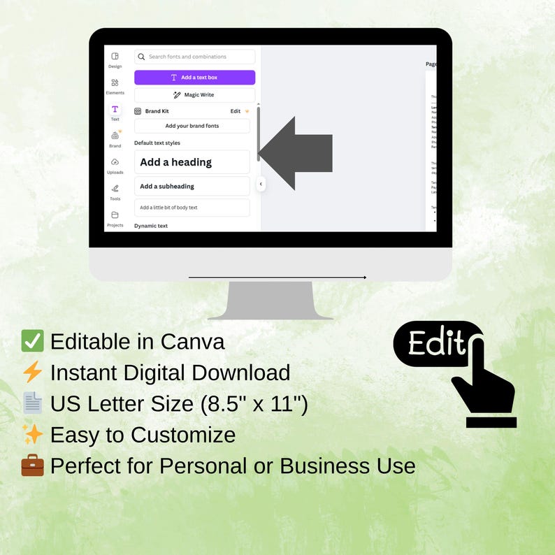 May include: A computer monitor displays a design interface with text options. The screen shows "Add a heading" and "Add a subheading." Below the screen are icons and text: "Editable in Canva," "Instant Digital Download," "US Letter Size (8.5" x 11")," and "Easy to Customize."