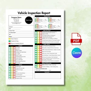 May include: A vehicle inspection report template with sections for company information, exterior, interior, and under-the-hood checks. Includes a PDF icon and a Canva logo. The report uses a color-coded system to indicate the status of each item.