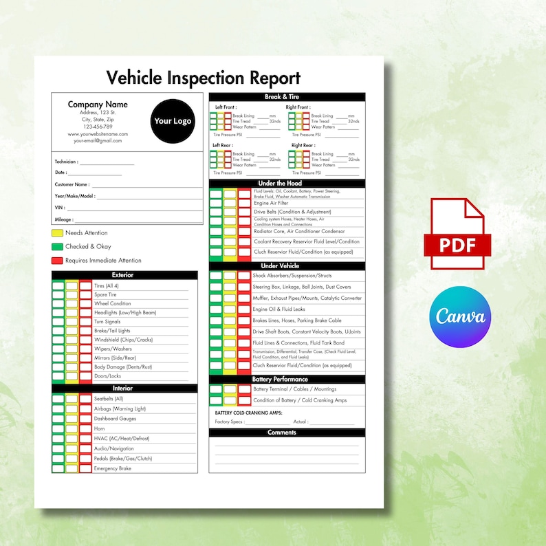 May include: A vehicle inspection report template with sections for company information, exterior, interior, and under-the-hood checks. Includes a PDF icon and a Canva logo. The report uses a color-coded system to indicate the status of each item.