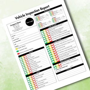 May include: A white vehicle inspection report with black text and a company logo. The report includes sections for tire condition, brakes, and engine components, with check boxes for status.