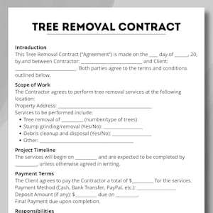 Może przedstawiać: Czarno-biały szablon umowy na wycinkę drzew. Dokument zawiera sekcje dotyczące wprowadzenia, zakresu prac, harmonogramu projektu, warunków płatności i obowiązków. Tytuł "TREE REMOVAL CONTRACT" znajduje się na górze.