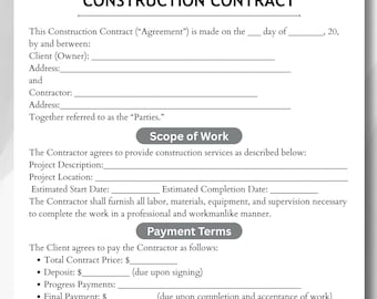 Editable Construction Contract Template: Printable Canva PDF (Digital Download, 2 Pages) Construction Work, Contract Agreement,