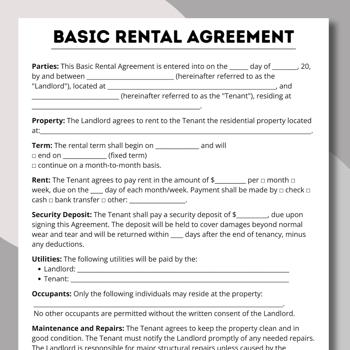 Basic Rental Agreement Pdf, Printable Agreements, Fillable Rental Form ...