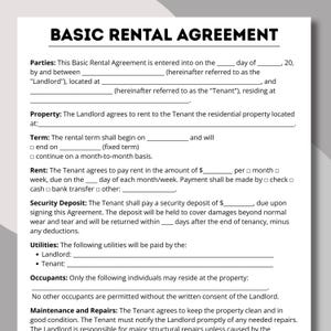 May include: A printed Basic Rental Agreement form with black text on a white background. The document includes sections for parties, property, term, rent, security deposit, utilities, and maintenance. The title "BASIC RENTAL AGREEMENT" is at the top.