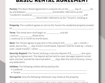 Basic rental agreement pdf, printable agreements, fillable rental form, editable landlords,  lease contract, Simple rental forms