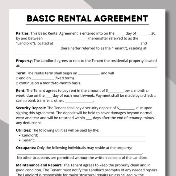 Basic rental agreement pdf, printable agreements, fillable rental form, editable landlords,  lease contract, Simple rental forms