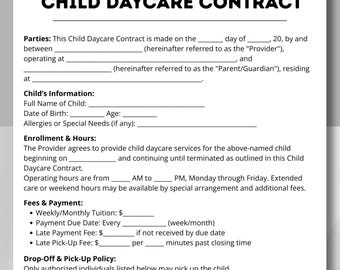 May include: A Child Daycare Contract form with sections for parties, child's information, enrollment, fees, and policies. The document is primarily black text on a white background, with the title "CHILD DAYCARE CONTRACT" at the top.