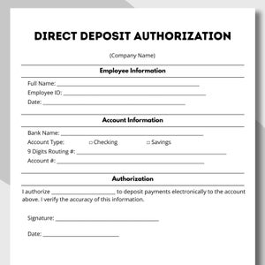 Op de afbeelding: Een formulier voor directe stortingsautorisatie met de titel in vette zwarte letters. Het formulier bevat secties voor werknemers- en accountinformatie, met velden voor volledige naam, werknemers-ID, banknaam en rekeningnummer. Het formulier heeft ook een autorisatiesectie.