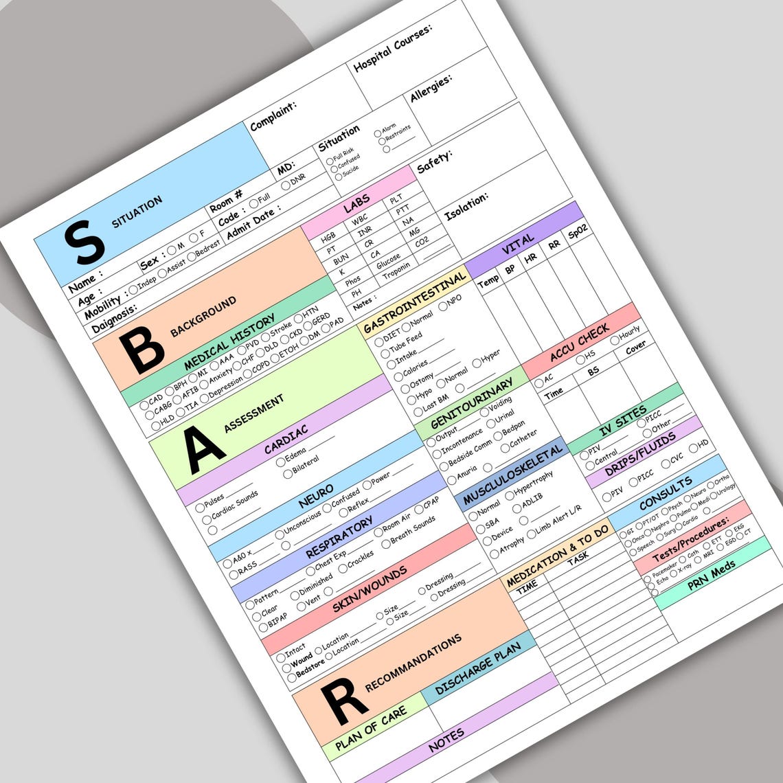 SBAR Nurse Report Sheet for Nursing Students | Med Surg Brain Sheet ...