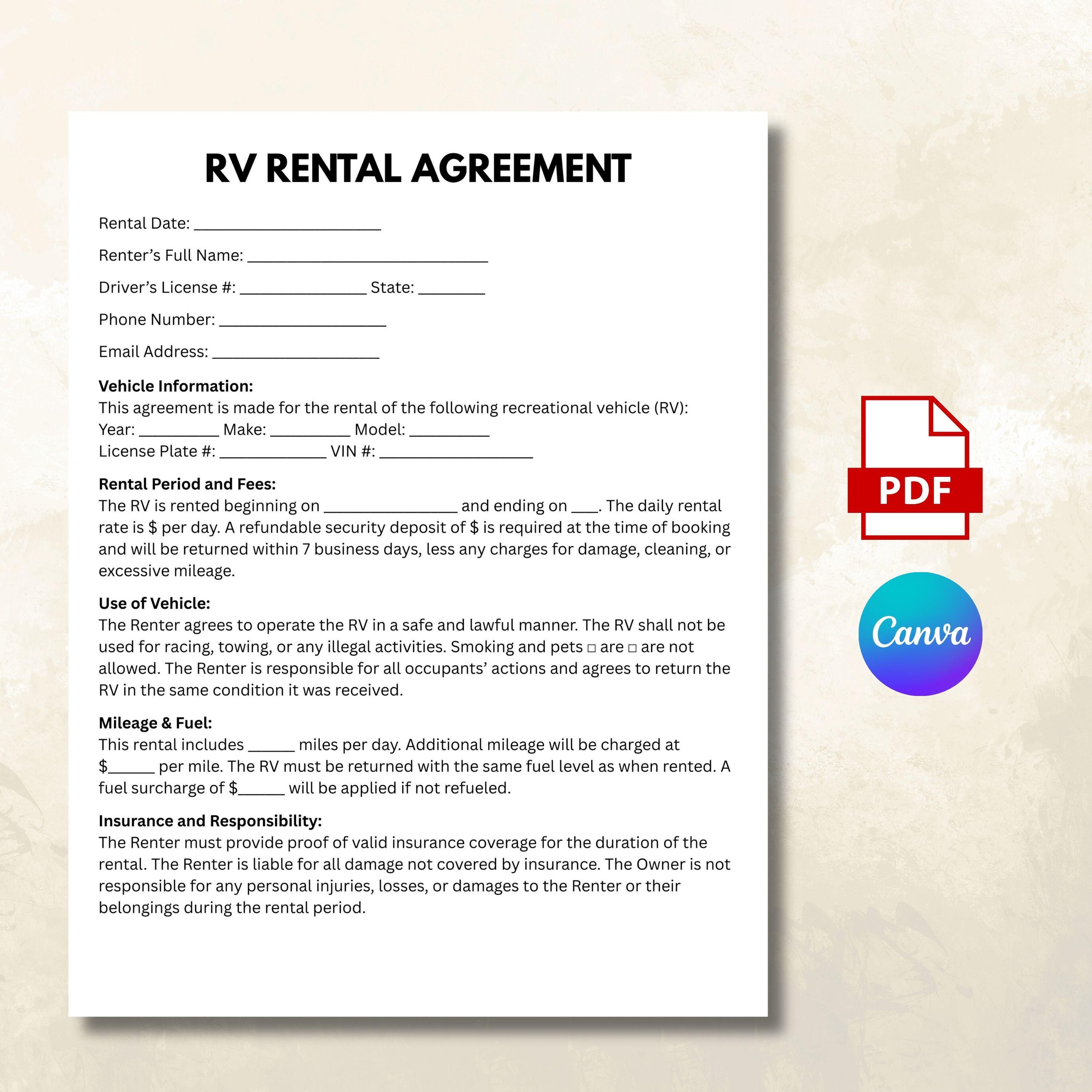 Rv Rental Agreement, Motorhome Contract, Rv Rental Contract, Simple ...