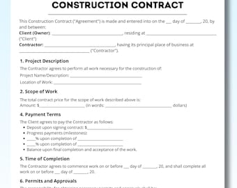 Construction Work, Contract Agreement, Contractor Contract, General Construction, Basic Construction, For Construction, Agreement Template