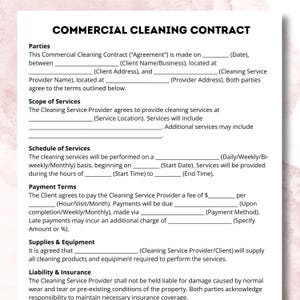 May include: A commercial cleaning contract template with the title "COMMERCIAL CLEANING CONTRACT" at the top. The document includes sections for parties involved, scope of services, schedule, payment terms, supplies, and liability.