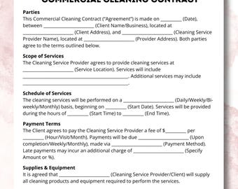 Może przedstawiać: Szablon umowy o sprzątanie komercyjne z tytułem "COMMERCIAL CLEANING CONTRACT". Dokument zawiera sekcje dla stron, zakresu usług, harmonogramu, warunków płatności, materiałów eksploatacyjnych i odpowiedzialności.