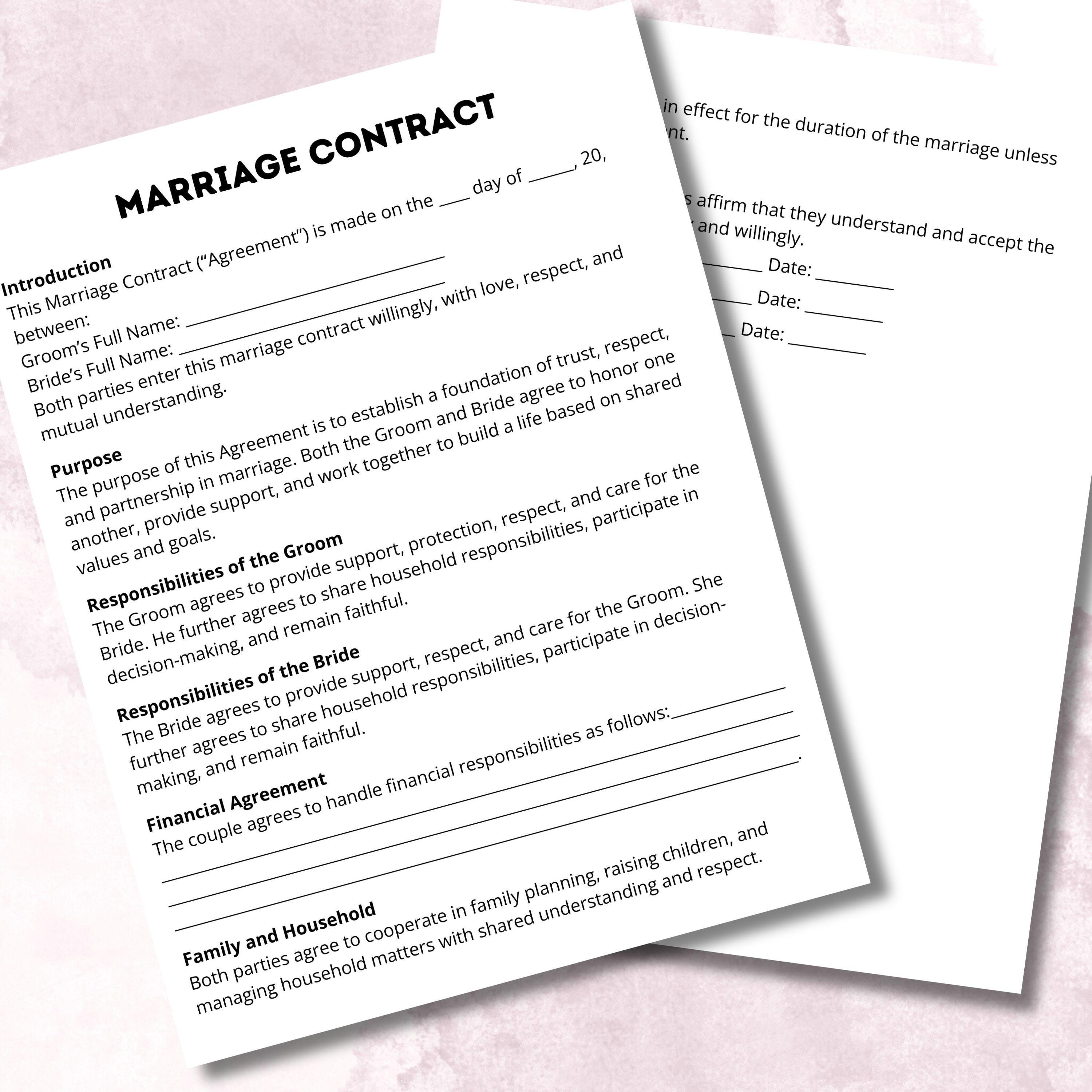 Marriage Contract, Marriage Agreement, Couples Template, Editable ...