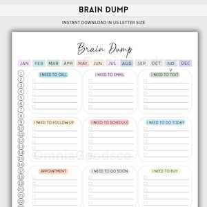 Op de afbeelding: Een witte brain dump plannerpagina in US letter-formaat met een maandelijkse koptekst van januari tot december, een genummerde lijst van 1 tot 22 en negen gecategoriseerde secties met selectievakjes zoals I NEED TO CALL, EMAIL, TEXT, FOLLOW UP.