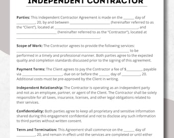 Contratto di lavoro autonomo, modello Canva modificabile + PDF, formato lettera USA, modulo per appaltatori, contratto di lavoro autonomo, moduli