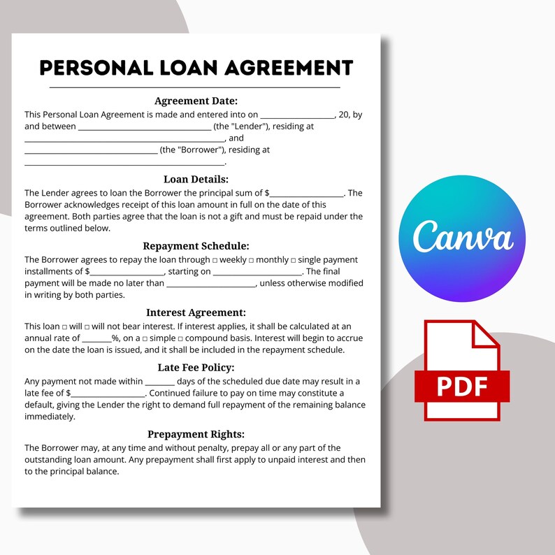Editable Personal Loan Agreement Template – PDF & Canva Loan Contract ...