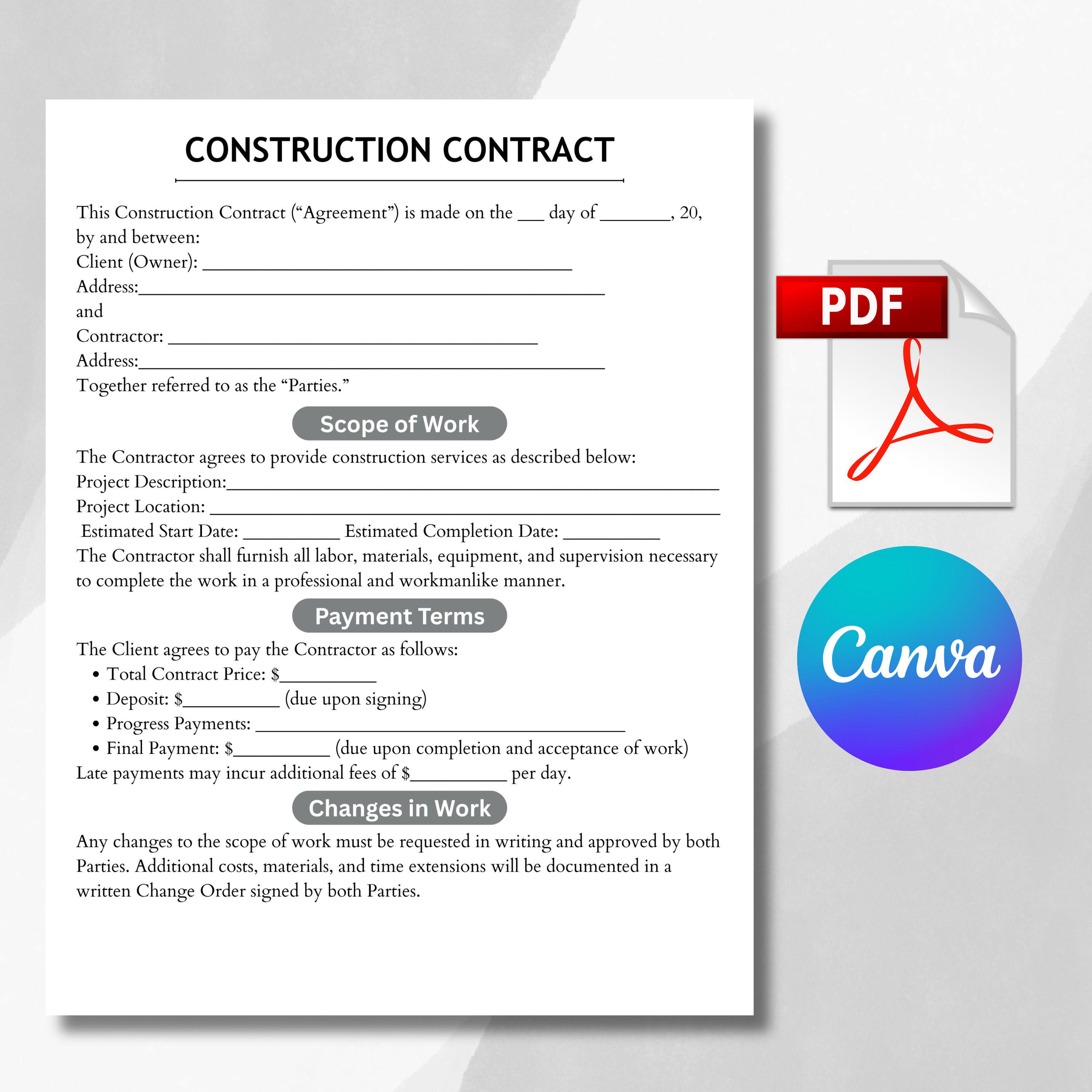 Editable Construction Contract Template: Printable Canva PDF (digital ...