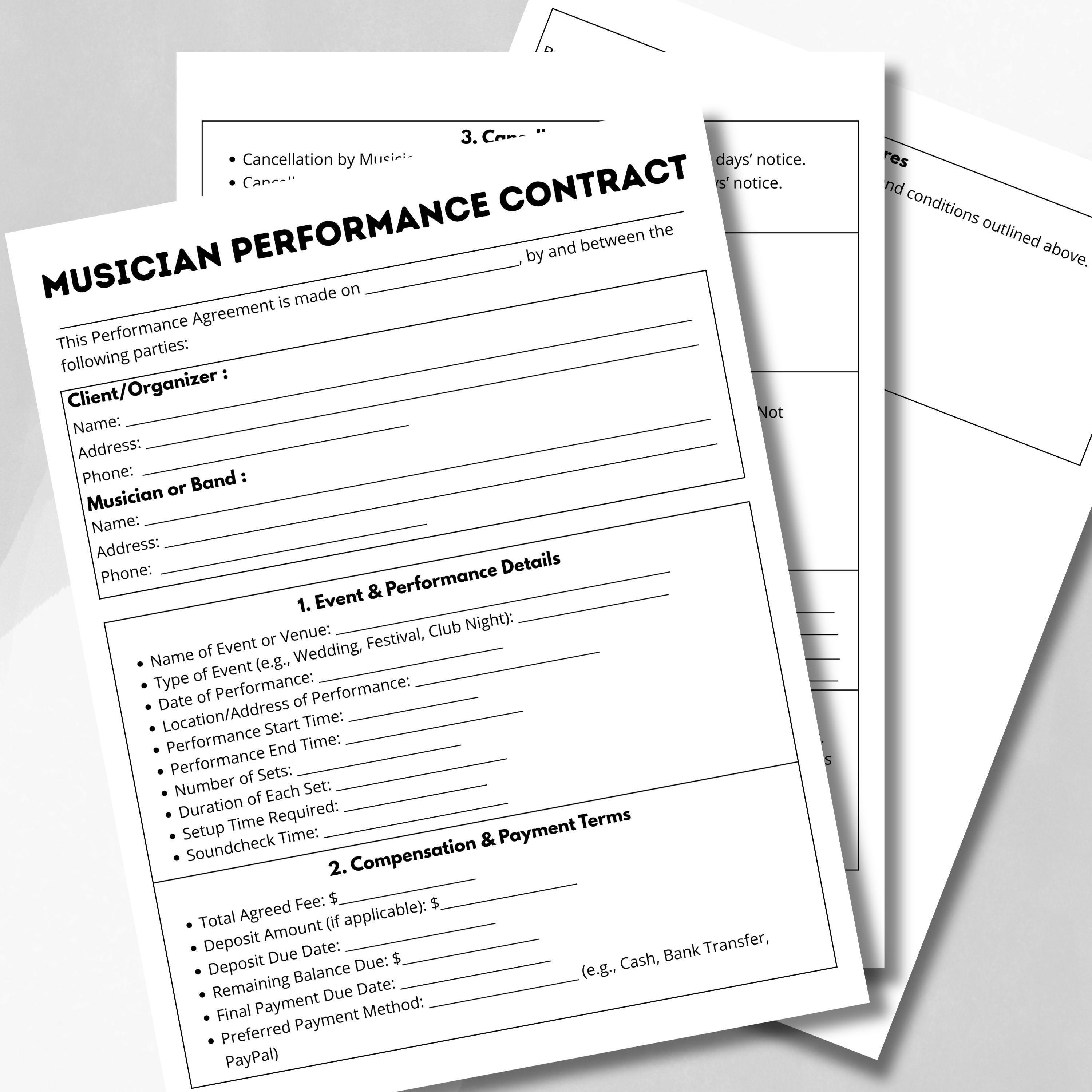 Musician Contract, Performance, Band Contract, Musician Agreement ...
