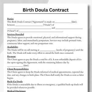 Op de afbeelding: Een Birth Doula Contract document. Het contract beschrijft diensten, beschikbaarheid, betaling en verantwoordelijkheden van de klant. De tekst is zwart op een witte achtergrond. De titel staat bovenaan.
