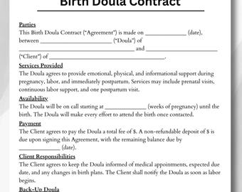 Contrato de doula de parto, acuerdo de doula, contrato de doula, folleto de doula, plantillas de doula, tarjeta de presentación de doula, factura de doula, formularios de doula