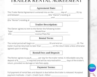 May include: A white US Letter size document titled "TRAILER RENTAL AGREEMENT". The agreement includes sections for agreement date, trailer description, rental term, fees, deposit, payment terms, and trailer use. A Canva logo and PDF icon are in the bottom right corner.