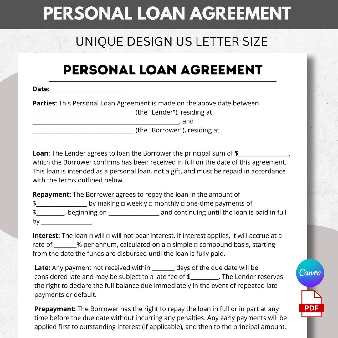 Editable Personal Loan Agreement Template – PDF & Canva Loan Contract ...