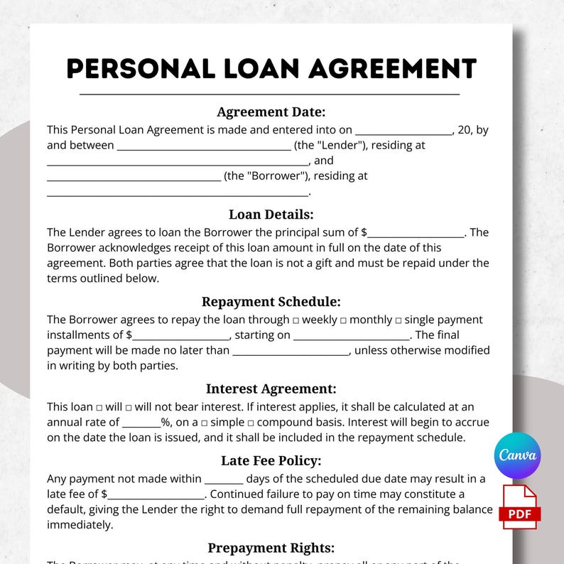 Editable Personal Loan Agreement Template – PDF & Canva Loan Contract ...