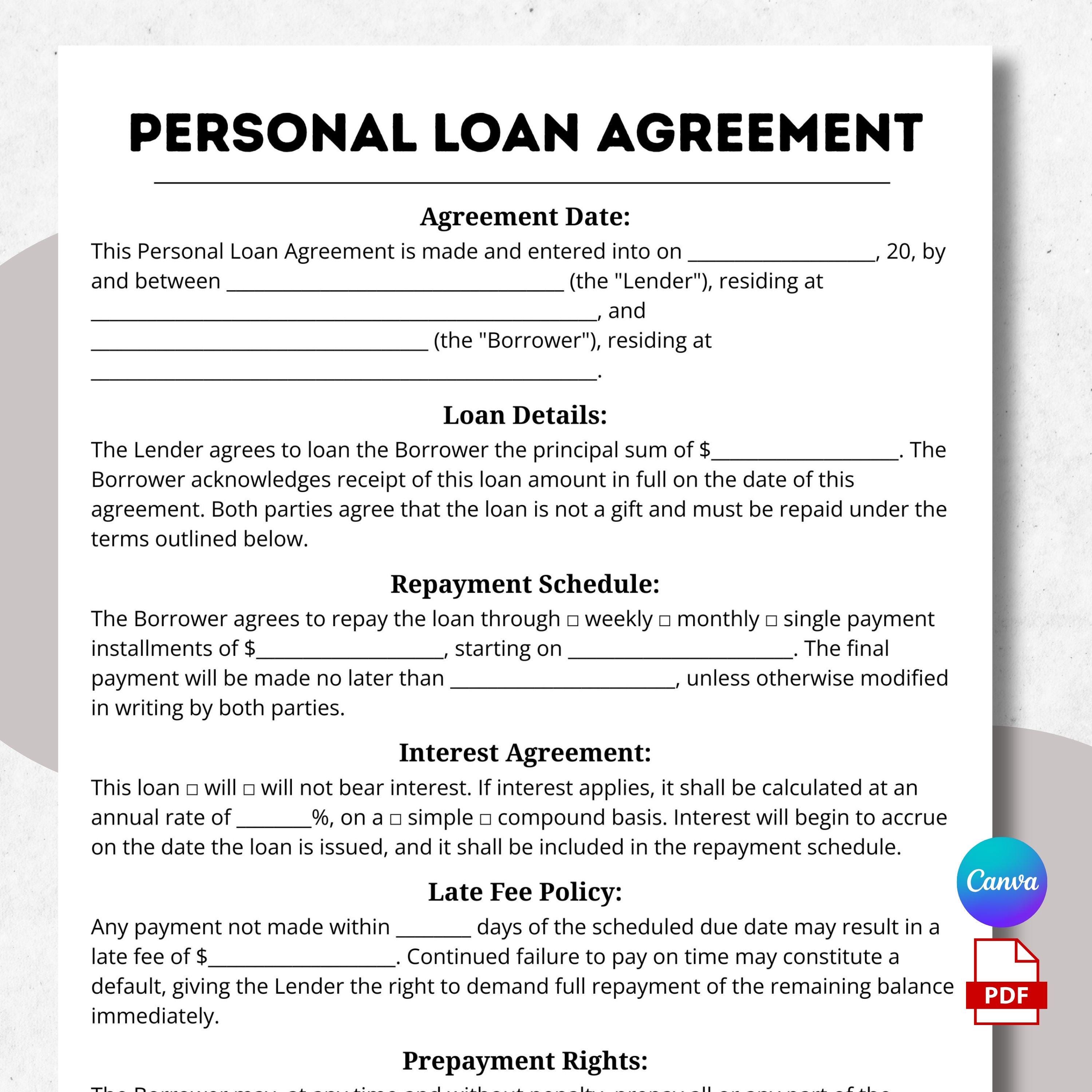 Editable Personal Loan Agreement Template – PDF & Canva Loan Contract ...