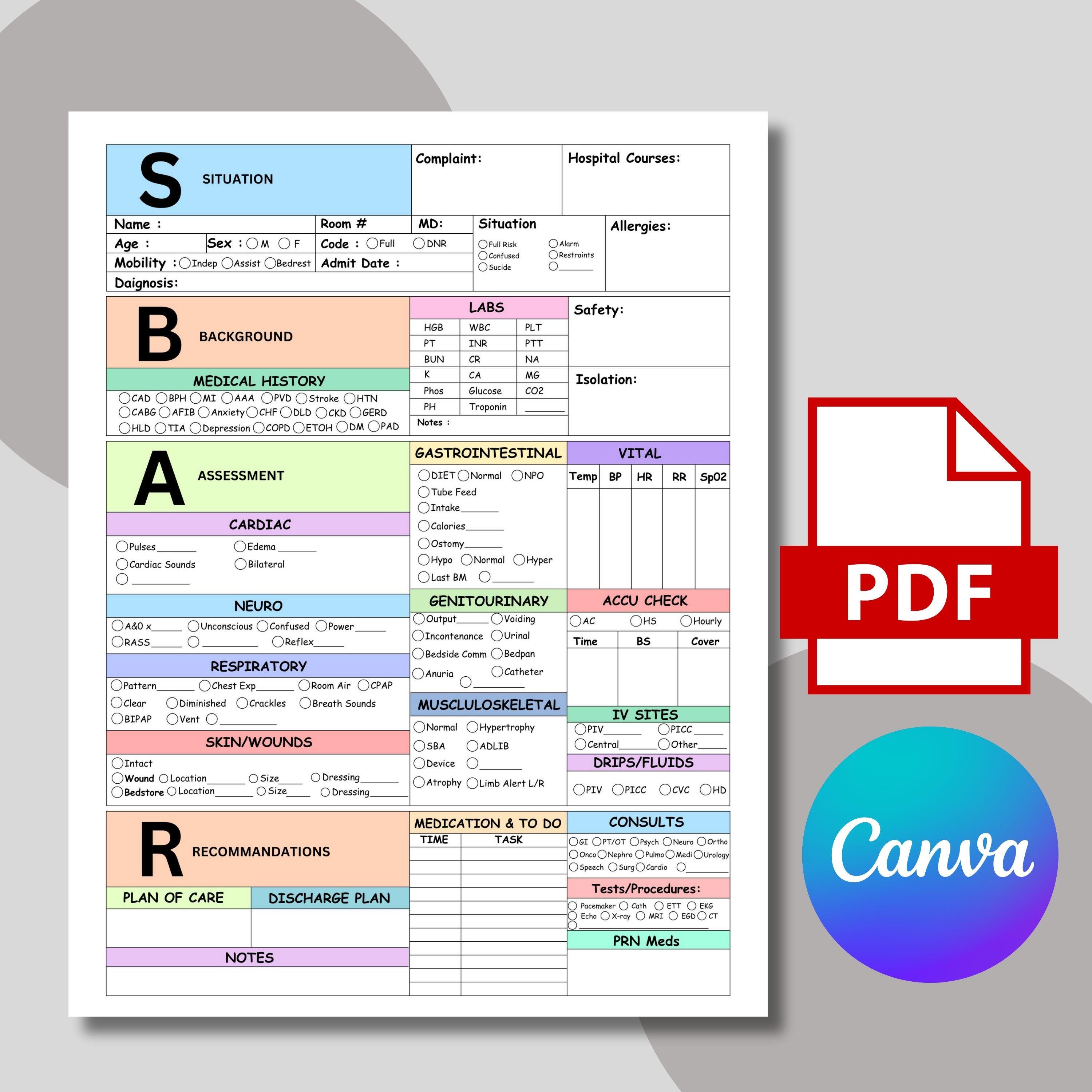SBAR Nurse Report Sheet for Nursing Students | Med Surg Brain Sheet ...