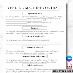 May include: A white A4 document titled "Vending Machine Contract" with text fields for agreement details, purpose, machine location, and terms. Includes Canva and PDF logos.