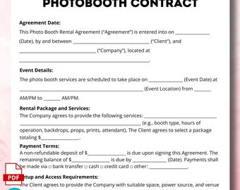 Puede incluir: Un documento de contrato de Photobooth con el título "PHOTOBOOTH CONTRACT". El documento incluye secciones para la fecha del acuerdo, detalles del evento, paquete de alquiler, condiciones de pago, configuración y responsabilidad. El texto es negro sobre fondo blanco.