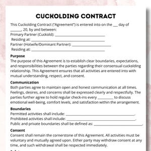 Puede incluir: Un documento impreso titulado "Cuckolding Contract" con secciones para la información de los socios, el propósito, la comunicación, los límites y el consentimiento. El texto es negro sobre fondo blanco, con un diseño floral rosa en el fondo.