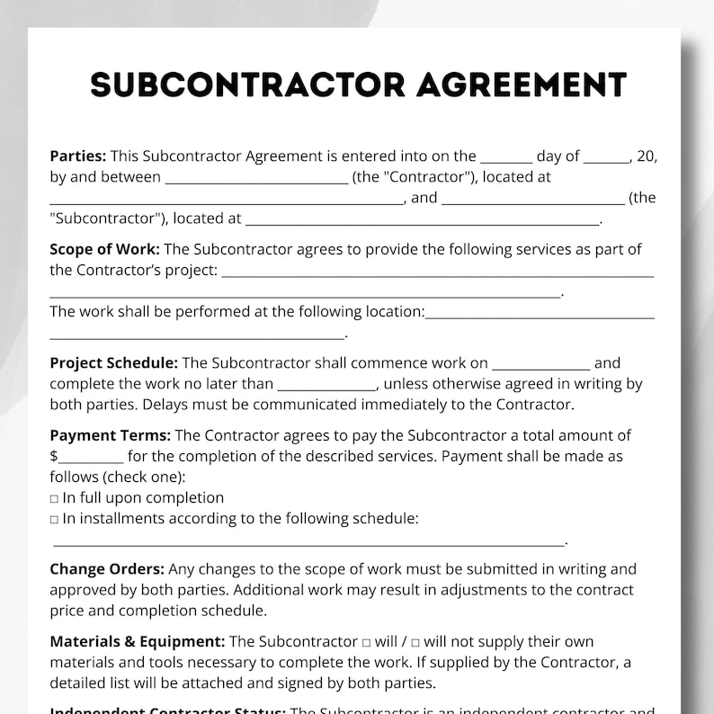 Subcontract Template, Subcontractor Forms, Subcontracting Contr ...