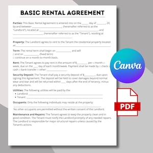 Pu&ograve; includere: Un modello di contratto di affitto di base con campi compilabili. Il documento include sezioni per le parti, la propriet&agrave;, il termine, l'affitto e gli occupanti. Un logo Canva e un'icona PDF sono visibili.