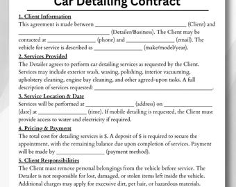 Detallado de coches, Detallado de automóviles, Contrato de detallado, Contrato de automóvil, Detallado de vehículos, Acuerdo de automóvil, Hoja de detallado de coches, Servicios de detallado