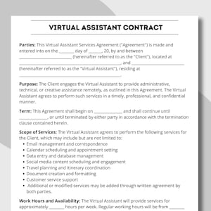 May include: A virtual assistant contract document with the title "VIRTUAL ASSISTANT CONTRACT" at the top. The document outlines the agreement between a client and a virtual assistant, detailing services, terms, and scope. The text is black on a white background.