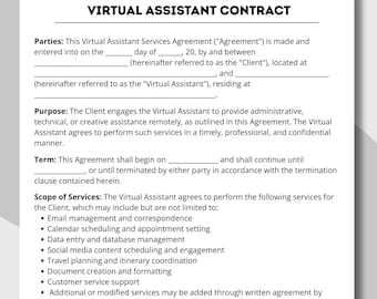 Virtual Assistant, Agreement Templates, Printable Contract, Editable Contract, VA Contract, VA Agreement, Services , Invoice Template