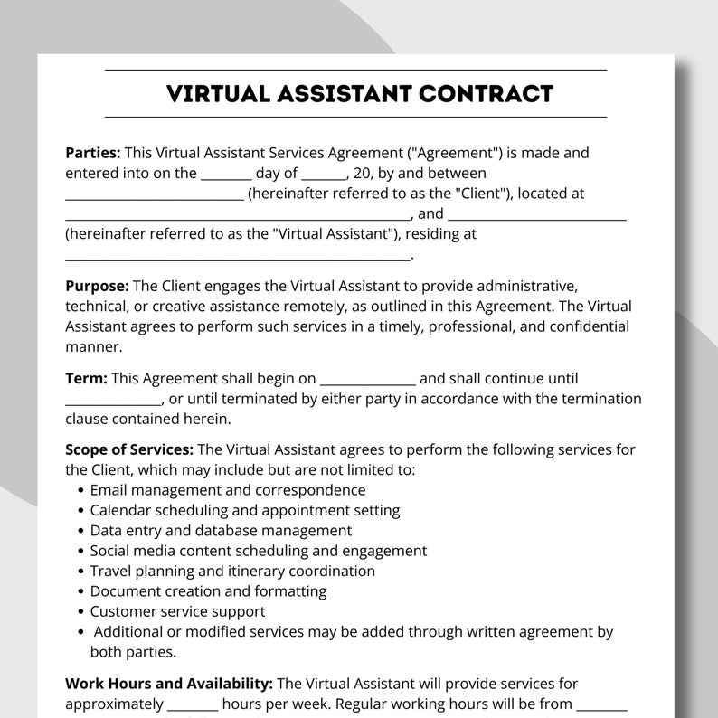 K&ouml;nnte beinhalten: Ein Dokument mit dem Titel "VIRTUAL ASSISTANT CONTRACT", das einen Vertrag f&uuml;r virtuelle Assistenten darstellt. Das Dokument beschreibt die Vereinbarung zwischen einem Kunden und einem virtuellen Assistenten und legt Dienstleistungen, Bedingungen und Umfang fest. Der Text ist schwarz auf wei&szlig;em Hintergrund.