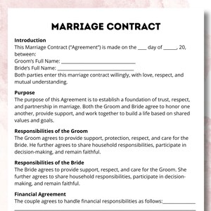 May include: A white Marriage Contract document with the title "MARRIAGE CONTRACT" in bold black letters. The document includes sections for the Groom's and Bride's full names, purpose, responsibilities, and financial agreement.