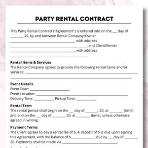 Könnte beinhalten: Eine Vorlage für einen Party-Mietvertrag mit der Überschrift "PARTY RENTAL CONTRACT" oben. Das Dokument enthält Abschnitte für Vertragsdetails, Mietartikel, Veranstaltungsdetails, Mietbedingungen und Zahlungsbedingungen. Der Text ist schwarz auf weißem Hintergrund.