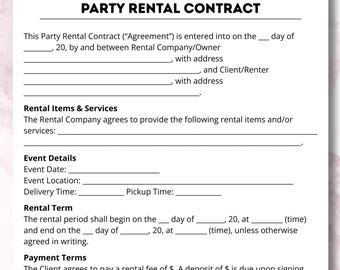 Party rental, event contract, template, celebration, rental agreement, event planning, contract template, event liability, editable