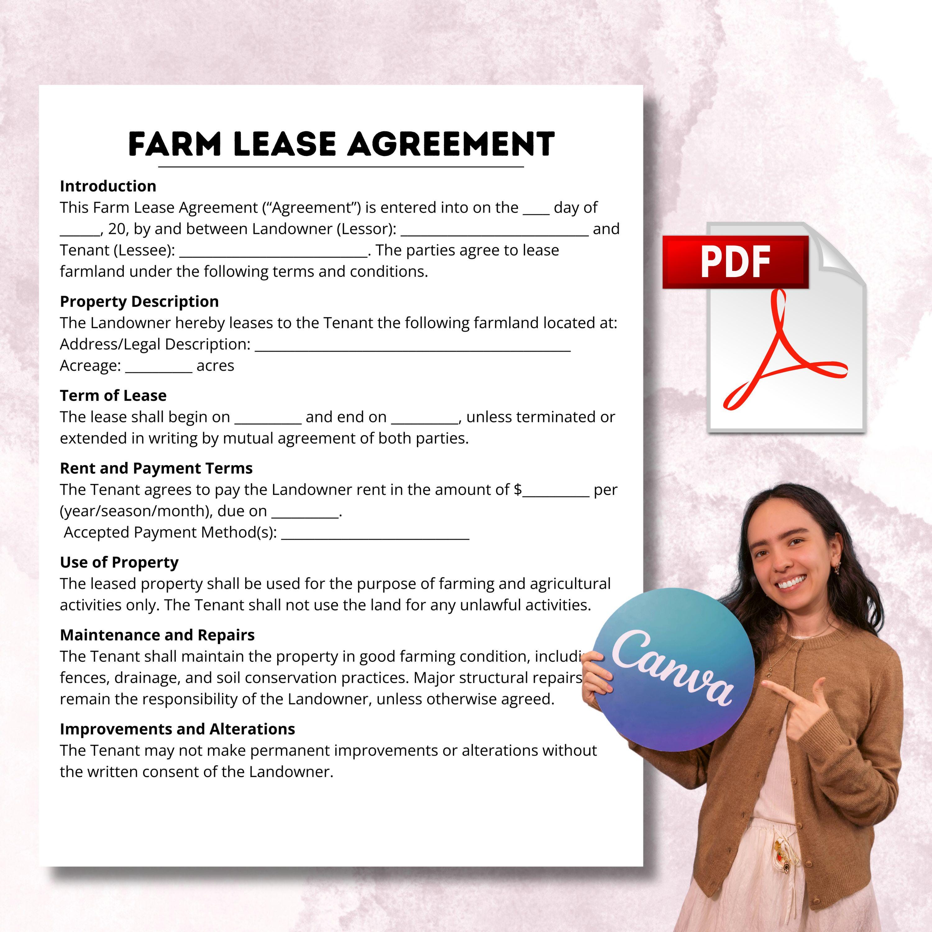 Simple Farm Lease Contract, One Page Agricultural Land Lease Form ...