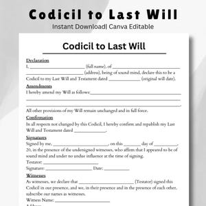 Könnte beinhalten: Ein druckbares Dokument mit dem Titel "Zusatz zum Testament" und dem Text "Sofort-Download | Canva Editable". Das Dokument enthält Abschnitte für Erklärung, Änderungen, Bestätigung und Unterschriften.