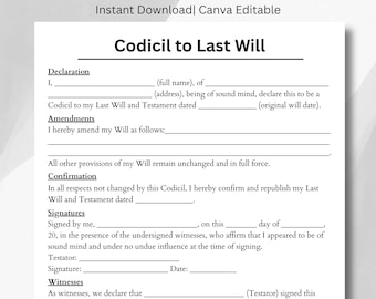 Plantilla de codicilo para testamento: formato legal imprimible y editable (tamaño carta de EE. UU.)