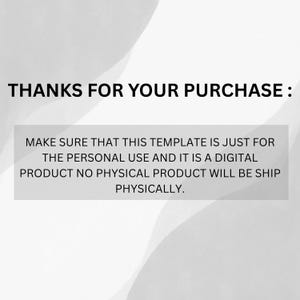 Puede incluir: Imagen de un producto digital con el texto "THANKS FOR YOUR PURCHASE:" en la parte superior. Debajo, un mensaje indica que la plantilla es solo para uso personal y es un producto digital; no se enviar&aacute; ning&uacute;n producto f&iacute;sico.