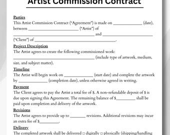 Artist Commission, Contract Template, Art Commission, Art Agreement, Artwork Contract, agreement template, Artwork Agreement Commissions