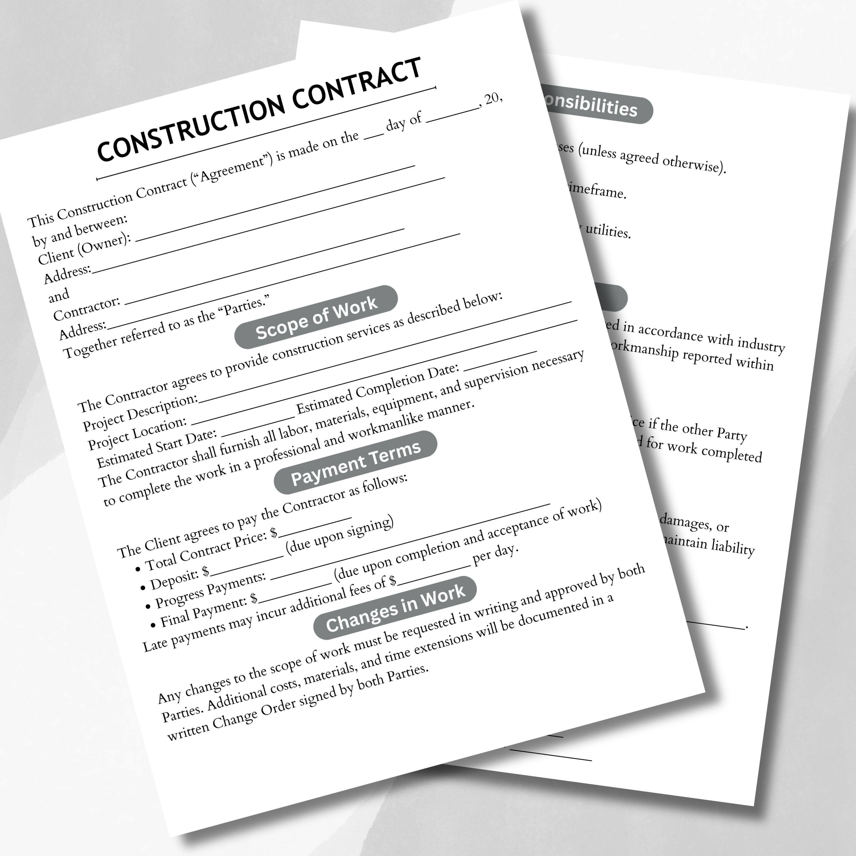 Editable Construction Contract Template: Printable Canva PDF (digital ...